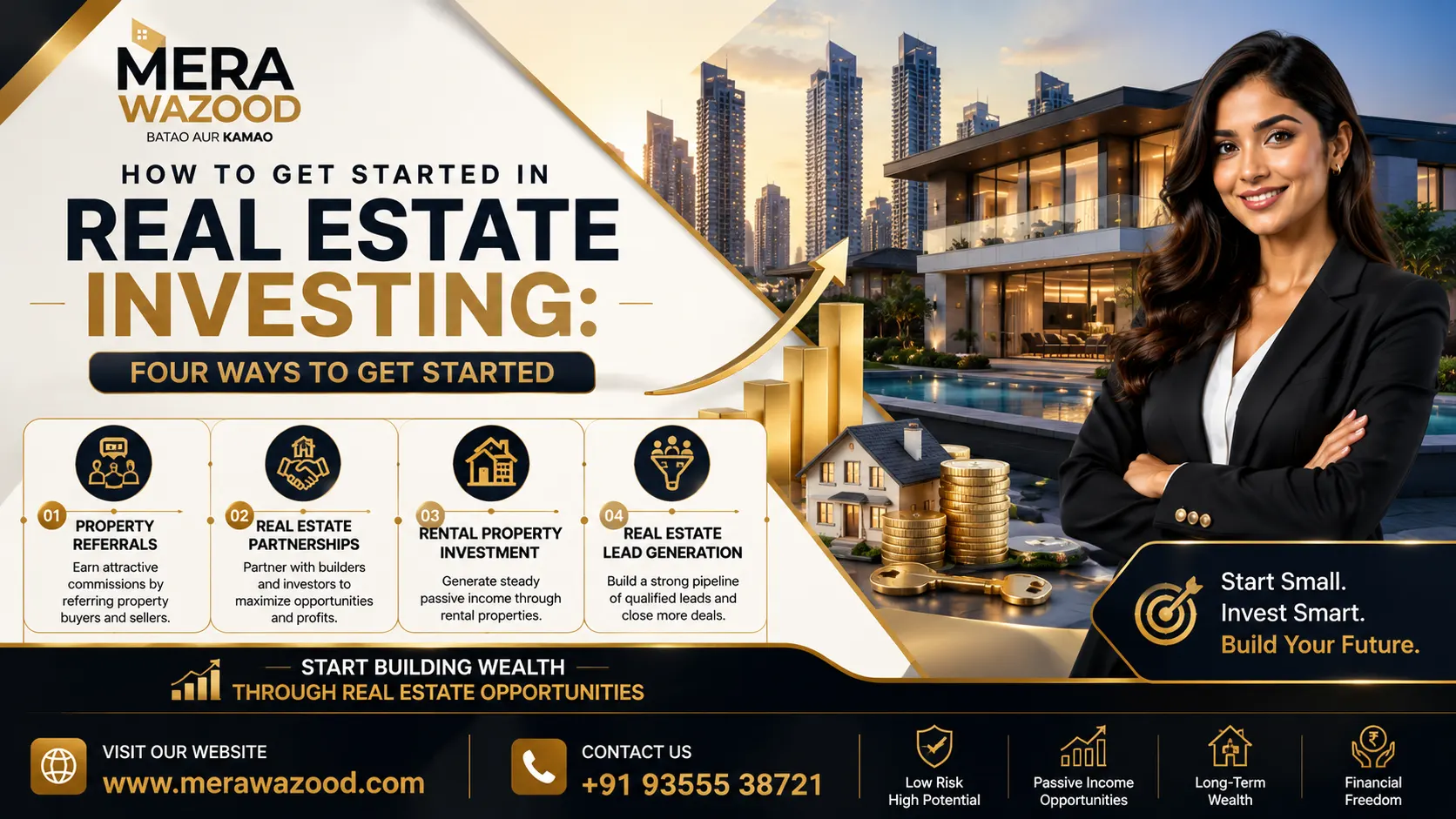 Mera Wazood real estate investment banner showing four ways to start investing, luxury properties, and a professional businesswoman