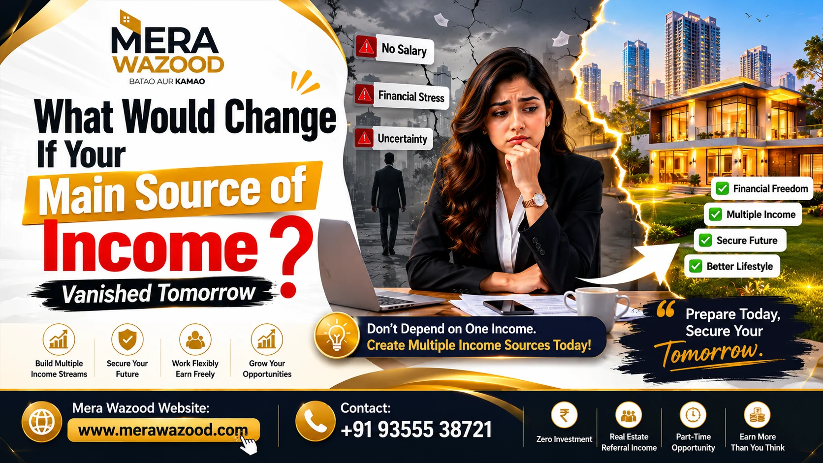 Real estate investment banner featuring Mera Wazood branding, a professional woman, luxury property, and financial security message."