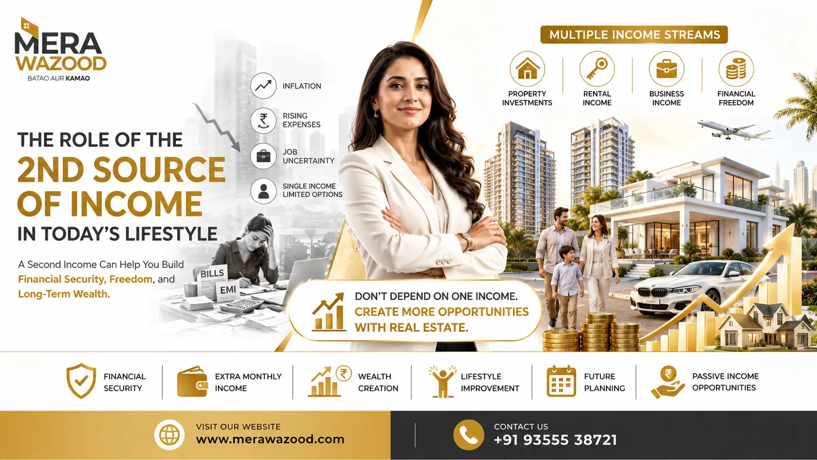  2nd source of Income in Today's Lifestyle banner and a confidant business women stand