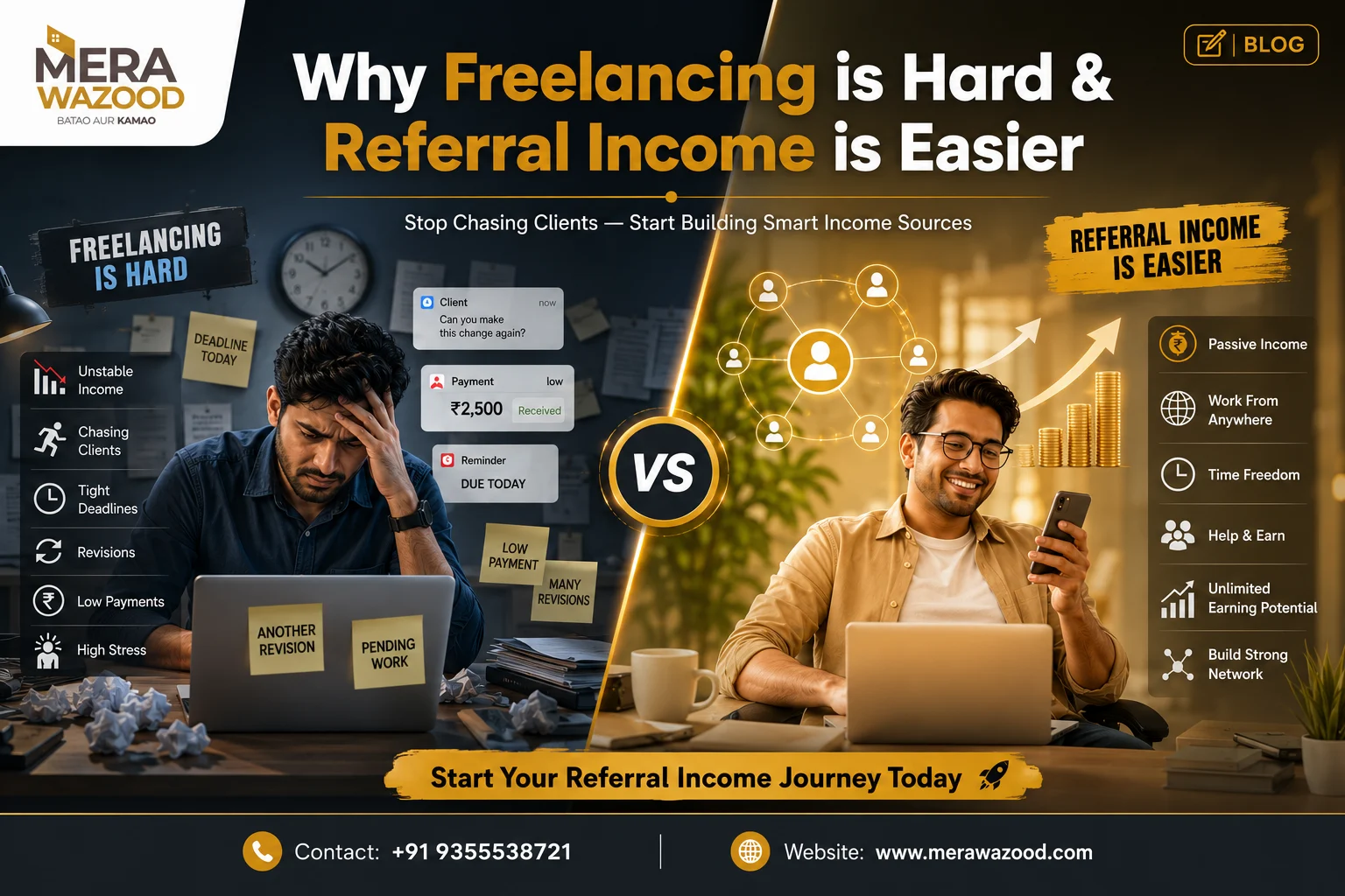 Freelancing vs referral income comparison banner with a stressed freelancer and a happy professional.